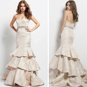 Jovani Beaded Bodycon Floral Print Layered Hem Maxi Gown